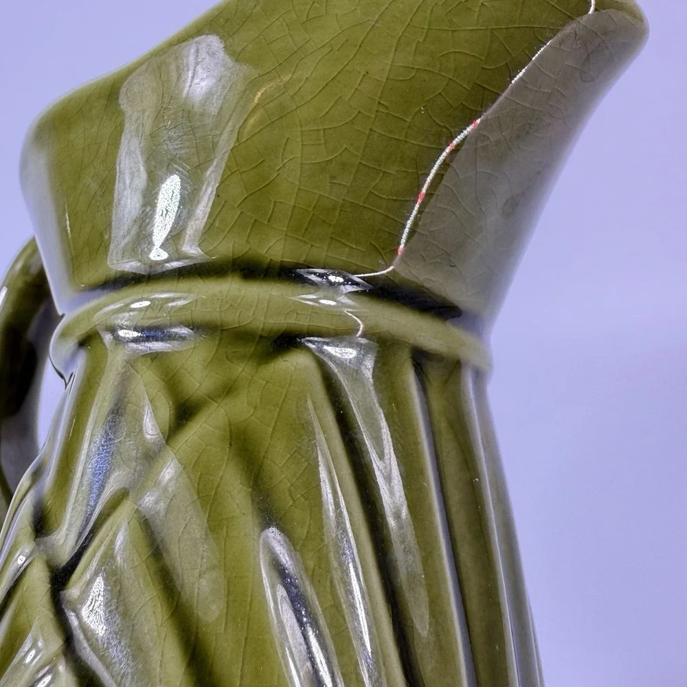 Mid Century Modern MCM Pitcher Vintage Avocado Green Geometric Ceramic 1970s‎